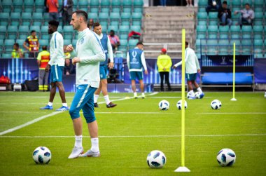 Tallinn, Estonya - 15 Ağustos, 2018: futbolcuların son 2018 Uefa Süper Kupası sırasında maç arada Atletico Madrid vs Real Madrid A. Le Coq Arena Stadyumu, Estonya