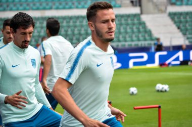 Tallinn, Estonya - 15 Ağustos, 2018: futbolcuların son 2018 Uefa Süper Kupası sırasında maç arada Atletico Madrid vs Real Madrid A. Le Coq Arena Stadyumu, Estonya