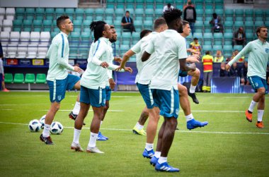 Tallinn, Estonya - 15 Ağustos, 2018: futbolcuların son 2018 Uefa Süper Kupası sırasında maç arada Atletico Madrid vs Real Madrid A. Le Coq Arena Stadyumu, Estonya
