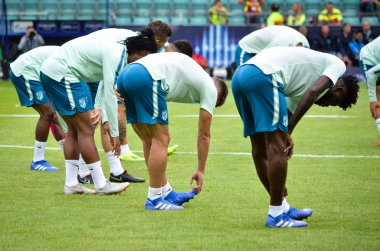 Tallinn, Estonya - 15 Ağustos, 2018: futbolcuların son 2018 Uefa Süper Kupası sırasında maç arada Atletico Madrid vs Real Madrid A. Le Coq Arena Stadyumu, Estonya