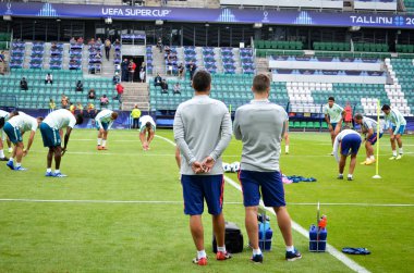 Tallinn, Estonya - 15 Ağustos, 2018: futbolcuların son 2018 Uefa Süper Kupası sırasında maç arada Atletico Madrid vs Real Madrid A. Le Coq Arena Stadyumu, Estonya