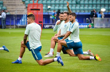 Tallinn, Estonya - 15 Ağustos, 2018: futbolcuların son 2018 Uefa Süper Kupası sırasında maç arada Atletico Madrid vs Real Madrid A. Le Coq Arena Stadyumu, Estonya