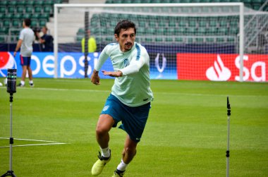 Tallinn, Estonya - 15 Ağustos, 2018: Stefan Savic final sırasında 2018 Uefa Süper Kupası maç arada Atletico Madrid vs Real Madrid A. Le Coq Arena Stadyumu, Estonya