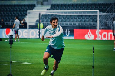 Tallinn, Estonya - 15 Ağustos, 2018: Stefan Savic final sırasında 2018 Uefa Süper Kupası maç arada Atletico Madrid vs Real Madrid A. Le Coq Arena Stadyumu, Estonya