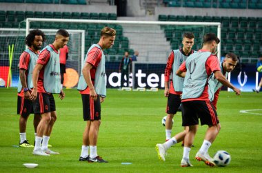 Tallinn, Estonya - 15 Ağustos, 2018: son 2018 Uefa Süper Kupası maç önce Atletico Madrid vs Real Madrid, Estonya arasında Real Madrid futbol oyuncuların eğitim
