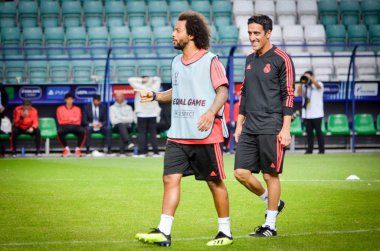 Tallinn, Estonya - 15 Ağustos, 2018: son 2018 Uefa Süper Kupası maç önce Atletico Madrid vs Real Madrid, Estonya arasında Real Madrid futbol oyuncuların eğitim