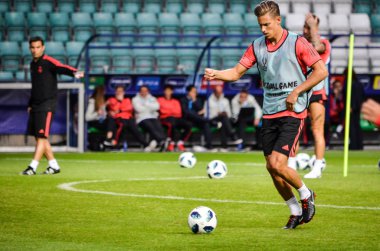Tallinn, Estonya - 15 Ağustos, 2018: son 2018 Uefa Süper Kupası maç önce Atletico Madrid vs Real Madrid, Estonya arasında Real Madrid futbol oyuncuların eğitim