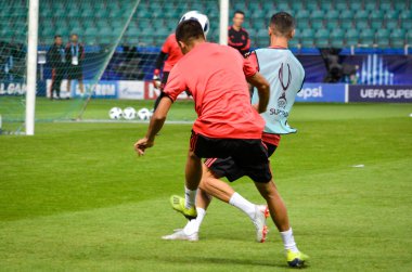 Tallinn, Estonya - 15 Ağustos, 2018: son 2018 Uefa Süper Kupası maç önce Atletico Madrid vs Real Madrid, Estonya arasında Real Madrid futbol oyuncuların eğitim