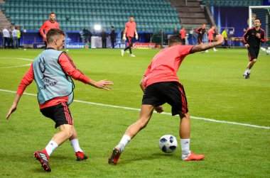 Tallinn, Estonya - 15 Ağustos, 2018: son 2018 Uefa Süper Kupası maç önce Atletico Madrid vs Real Madrid, Estonya arasında Real Madrid futbol oyuncuların eğitim