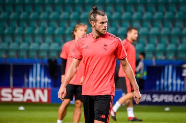 Tallinn, Estonya - 15 Ağustos, 2018: Gareth Bale, son 2018 Uefa Süper Kupası maç önce Atletico Madrid vs Real Madrid, Estonya arasında Fenerbahçe