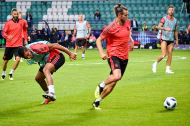 Tallinn, Estonya - 15 Ağustos, 2018: Gareth Bale, son 2018 Uefa Süper Kupası maç önce Atletico Madrid vs Real Madrid, Estonya arasında Fenerbahçe