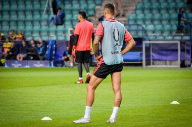 Tallinn, Estonya - 15 Ağustos, 2018: Sergio Ramos son 2018 Uefa Süper Kupası maç önce Atletico Madrid vs Real Madrid, Estonya arasında Real Madrid
