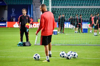 Tallinn, Estonya - 15 Ağustos, 2018: Karim Benzema final sırasında 2018 Uefa Süper Kupası maç arada Atletico Madrid vs Real Madrid A. Le Coq Arena Stadyumu, Estonya