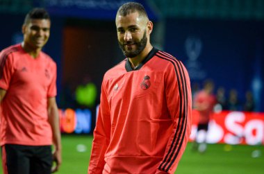 Tallinn, Estonya - 15 Ağustos, 2018: Karim Benzema final sırasında 2018 Uefa Süper Kupası maç arada Atletico Madrid vs Real Madrid A. Le Coq Arena Stadyumu, Estonya