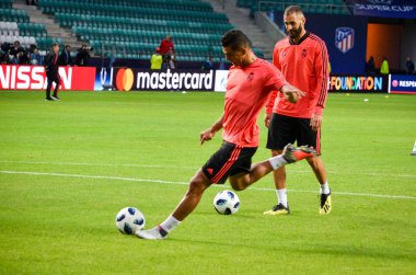 Tallinn, Estonya - 15 Ağustos, 2018: 2018 Uefa süper kupa final sırasında Casemiro maç arada Atletico Madrid vs Real Madrid A. Le Coq Arena Stadyumu, Estonya