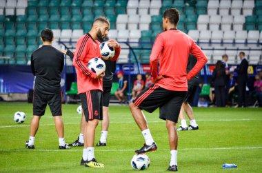 Tallinn, Estonya - 15 Ağustos, 2018: Karim Benzema final sırasında 2018 Uefa Süper Kupası maç arada Atletico Madrid vs Real Madrid A. Le Coq Arena Stadyumu, Estonya