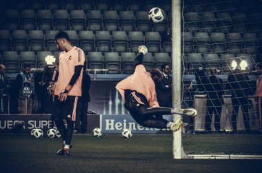 Tallinn, Estonya - 15 Ağustos, 2018: Andrei Lunin final sırasında 2018 Uefa Süper Kupası maç arada Atletico Madrid vs Real Madrid A. Le Coq Arena Stadyumu, Estonya