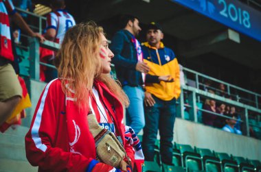 Tallinn, Estonya - 15 Ağustos, 2018: Atletico Madrid futbol taraftarları son 2018 Uefa Süper Kupası sırasında maç Atletico Madrid vs Real Madrid, Estonya arasında