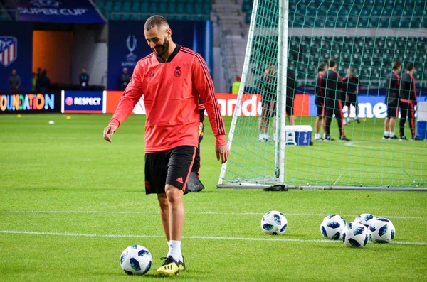 Tallinn, Estonya - 15 Ağustos, 2018: Karim Benzema final sırasında 2018 Uefa Süper Kupası maç arada Atletico Madrid vs Real Madrid A. Le Coq Arena Stadyumu, Estonya