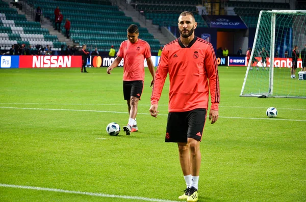 Tallinn, Estonya - 15 Ağustos, 2018: Karim Benzema final sırasında 2018 Uefa Süper Kupası maç arada Atletico Madrid vs Real Madrid A. Le Coq Arena Stadyumu, Estonya