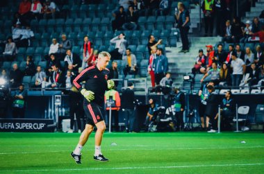 Tallinn, Estonya - 15 Ağustos, 2018: futbolcuların son 2018 Uefa Süper Kupası sırasında maç arada Atletico Madrid vs Real Madrid A. Le Coq Arena Stadyumu, Estonya