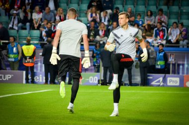 Tallinn, Estonya - 15 Ağustos, 2018: Andrei Lunin final sırasında 2018 Uefa Süper Kupası maç arada Atletico Madrid vs Real Madrid A. Le Coq Arena Stadyumu, Estonya