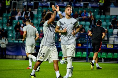 Tallinn, Estonya - 15 Ağustos, 2018: Marcelo ve Sergio Ramos sırasında son 2018 Uefa Süper Kupası maç Atletico Madrid vs Real Madrid, Estonya arasında