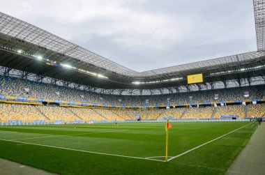 Lviv , Ukrayna - 10 Ağustos 2018: Slovakya ve Ukrayna, Ukrayna milli takımları arasında Uefa Uluslar Ligi grup seçimi sırasında boş stadyum Arena Lviv genel görünümü