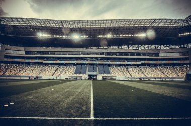 Lviv , Ukrayna - 10 Ağustos 2018: Slovakya ve Ukrayna, Ukrayna milli takımları arasında Uefa Uluslar Ligi grup seçimi sırasında boş stadyum Arena Lviv genel görünümü