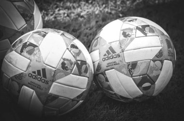 Lviv , Ukrayna - 10 Ağustos 2018: Uefa Uluslar Ligi'nin resmi topu, Arena Lviv, Ukrayna'daki Uefa Uluslar Ligi grup seçimi sırasında çimlerin üzerinde yatıyor