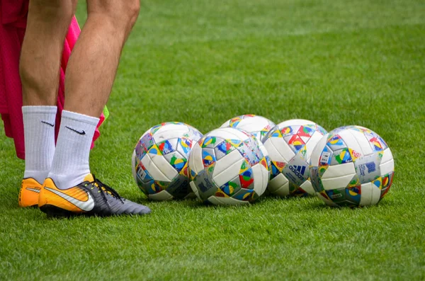 Lviv Ukraine August 2018 Official Balls Uefa Nations League Leg — Stock Photo, Image