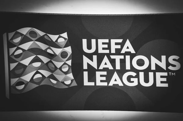 Lviv Ucrania Agosto 2018 Logo Uefa Nations League Stand Durante —  Fotos de Stock