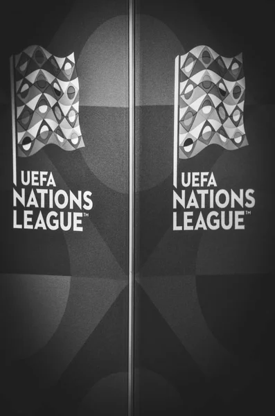 Lviv Ucrania Agosto 2018 Logo Uefa Nations League Stand Durante —  Fotos de Stock