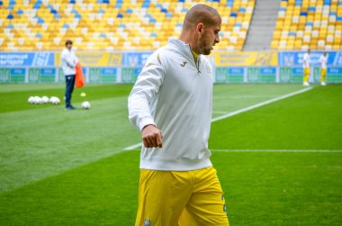 Lviv , Ukrayna - 10 Ağustos 2018: Slovakya ve Ukrayna, Ukrayna milli takımları arasında Uefa Uluslar Ligi sırasında Ukrayna takımının Yaroslav Rakytskyi oyuncuları