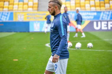 Lviv , Ukrayna - 10 Ağustos 2018: Arena Lviv, Ukrayna'da Slovakya ve Ukrayna milli takımları arasında Uefa Uluslar Ligi grup seçimi sırasında Erik Pacinda