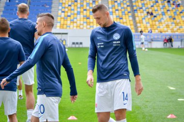 Lviv , Ukrayna - 10 Ağustos 2018: Uefa Uluslar Ligi grup seçimi sırasında Slovakya ve Ukrayna milli takımları arena da Lviv, Ukrayna
