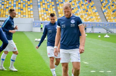 Lviv , Ukrayna - 10 Ağustos 2018: Adam Nemec, Slovakya ve Ukrayna milli takımları arasında Arena Lviv, Ukrayna'da oynanan Uefa Uluslar Ligi grup seçimi sırasında
