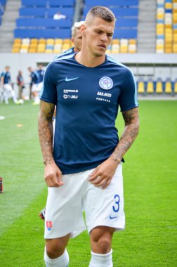Lviv , Ukrayna - 10 Ağustos 2018: Martin Skrtel, Slovakya ve Ukrayna milli takımları arasında Arena Lviv, Ukrayna'da oynanan Uefa Uluslar Ligi grup seçimi sırasında