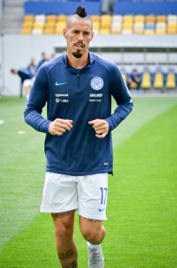 Lviv , Ukrayna - 10 Ağustos 2018: Marek Hamsik, Slovakya ve Ukrayna milli takımları arasında Arena Lviv, Ukrayna'da oynanan Uefa Uluslar Ligi grup seçimi sırasında