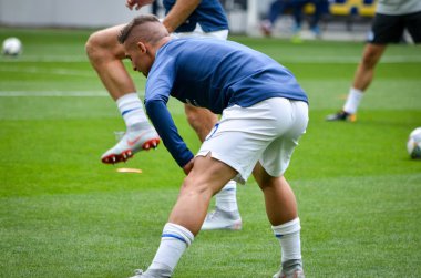 Lviv , Ukrayna - 10 Ağustos 2018: Slovakya ve Ukrayna, Ukrayna milli takımları arasında Uefa Uluslar Ligi sırasında Slovakya takımının futbolcularını eğitin
