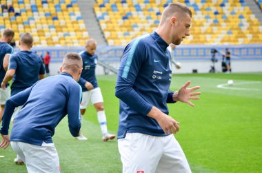 Lviv , Ukrayna - 10 Ağustos 2018: Slovakya ve Ukrayna milli takımları arasında Arena Lviv, Ukrayna'da oynanan Uefa Uluslar Ligi grup seçimi sırasında futbolcu