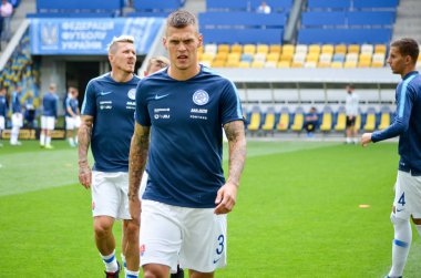 Lviv , Ukrayna - 10 Ağustos 2018: Martin Skrtel, Slovakya ve Ukrayna milli takımları arasında Arena Lviv, Ukrayna'da oynanan Uefa Uluslar Ligi grup seçimi sırasında