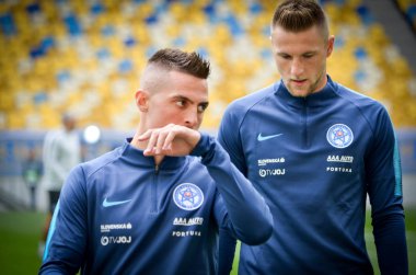 Lviv , Ukrayna - 10 Ağustos 2018: Robert Mak, Slovakya ve Ukrayna milli takımları arasında Arena Lviv, Ukrayna'da oynanan Uefa Uluslar Ligi grup seçimi sırasında