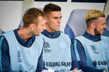 Lviv , Ukrayna - 10 Ağustos 2018: Slovakya ve Ukrayna milli takımları arasında Uefa Uluslar Ligi grup seçimi sırasında Slovakya Milli Takımı yedek futbolcular