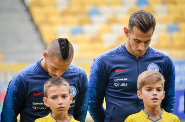 Lviv , Ukrayna - 10 Ağustos 2018: Slovakya ve Ukrayna milli takımları arasında Uefa Uluslar Ligi grup seçimi sırasında Marek Hamsik ve Martin Dubravka