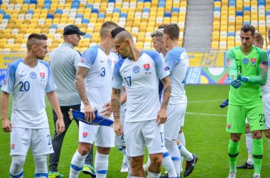 Lviv , Ukrayna - 10 Ağustos 2018: Slovakya ve Ukrayna milli takımları arasında Uefa Uluslar Ligi grup seçimi sırasında Slovakya Milli Takımı'nın genel takım fotoğrafı