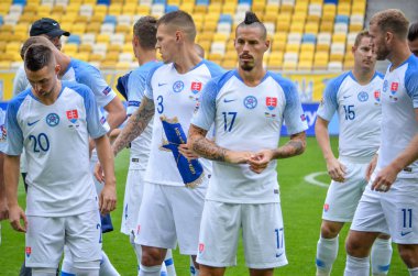 Lviv , Ukrayna - 10 Ağustos 2018: Slovakya ve Ukrayna milli takımları arasında Uefa Uluslar Ligi grup seçimi sırasında Slovakya Milli Takımı'nın genel takım fotoğrafı