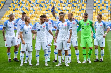Lviv , Ukrayna - 10 Ağustos 2018: Slovakya ve Ukrayna milli takımları arasında Uefa Uluslar Ligi grup seçimi sırasında Slovakya Milli Takımı'nın genel takım fotoğrafı