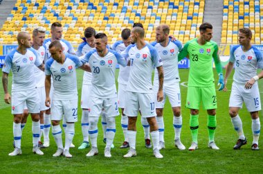 Lviv , Ukrayna - 10 Ağustos 2018: Slovakya ve Ukrayna milli takımları arasında Uefa Uluslar Ligi grup seçimi sırasında Slovakya Milli Takımı'nın genel takım fotoğrafı