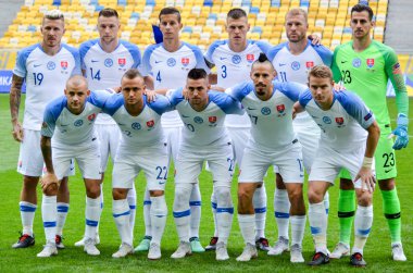 Lviv , Ukrayna - 10 Ağustos 2018: Slovakya ve Ukrayna milli takımları arasında Uefa Uluslar Ligi grup seçimi sırasında Slovakya Milli Takımı'nın genel takım fotoğrafı